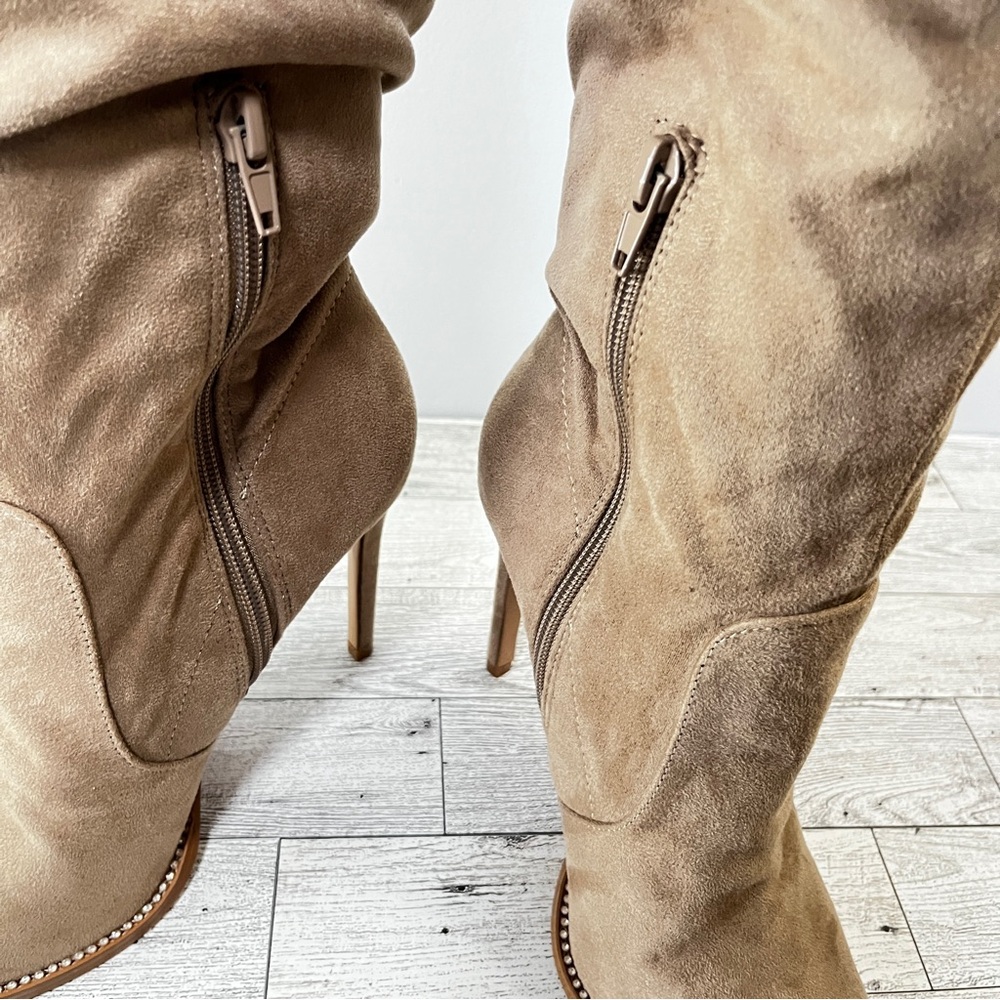 Slouchy Pointed-Toe High Heel Knee Boots - Tan - Picture 4 of 12